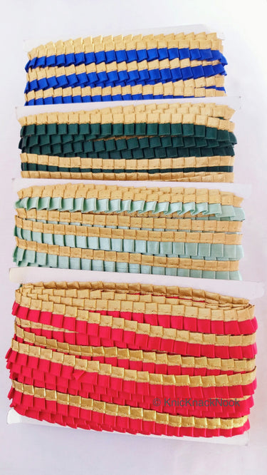 Satin, Bottle Green & Gold Pleated Lace Trim, Trim
